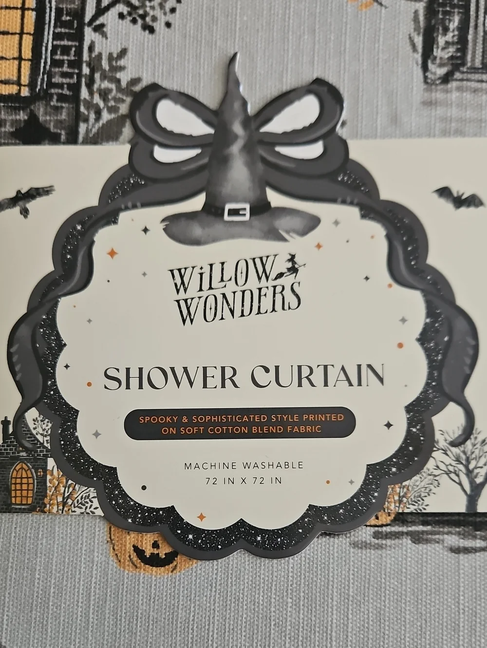 Willow Wonders Witch Flying Over Halloween Village Shower Curtain
